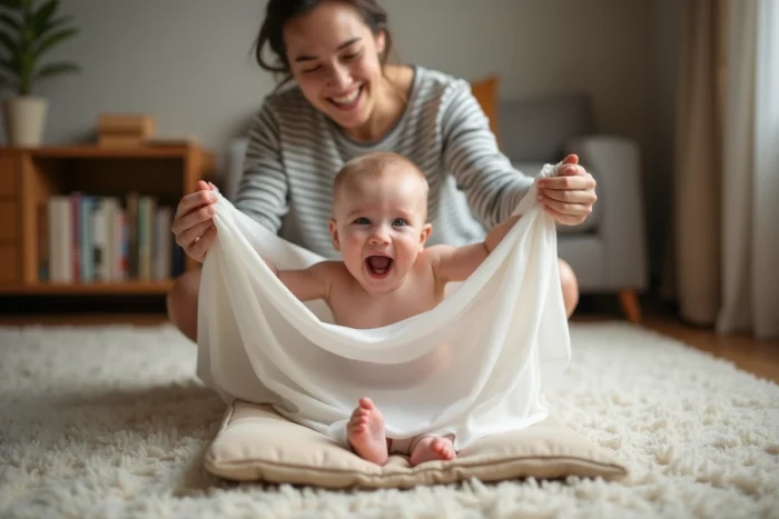 Jeu de coucou-caché avec un tissu léger en mousseline entre une maman et son bébé de 8 mois