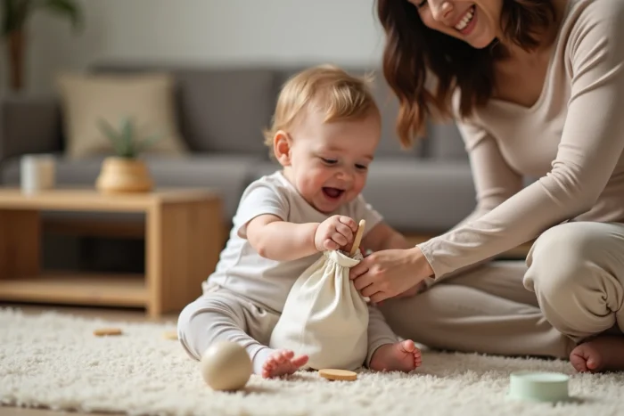 Bébé de 8 mois découvrant un objet familier en plongeant la main dans un sac mystère opaque