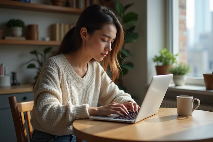 Jeune femme concentrée travaillant sur son ordinateur à la maison