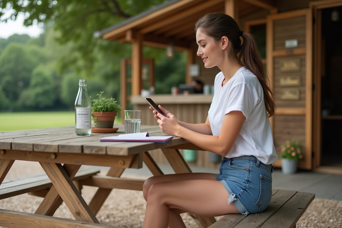 Jeune femme consulte son smartphone au camping