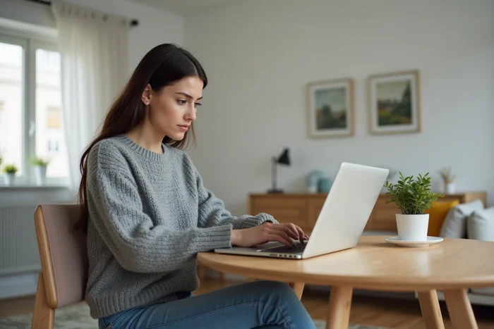 Jeune femme assise à une table signant un compte en ligne
