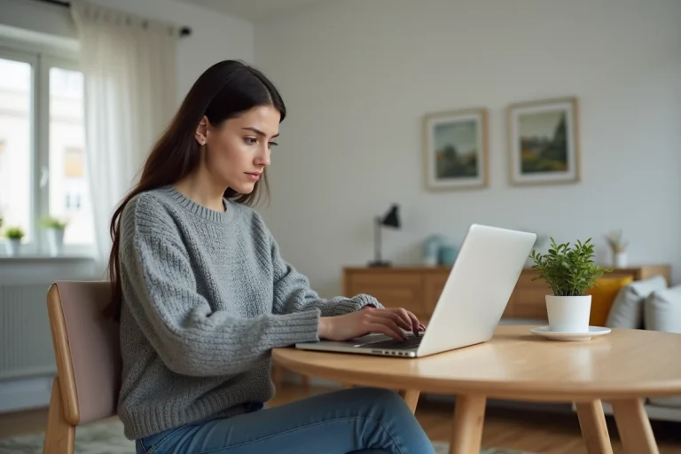 Jeune femme assise à une table signant un compte en ligne