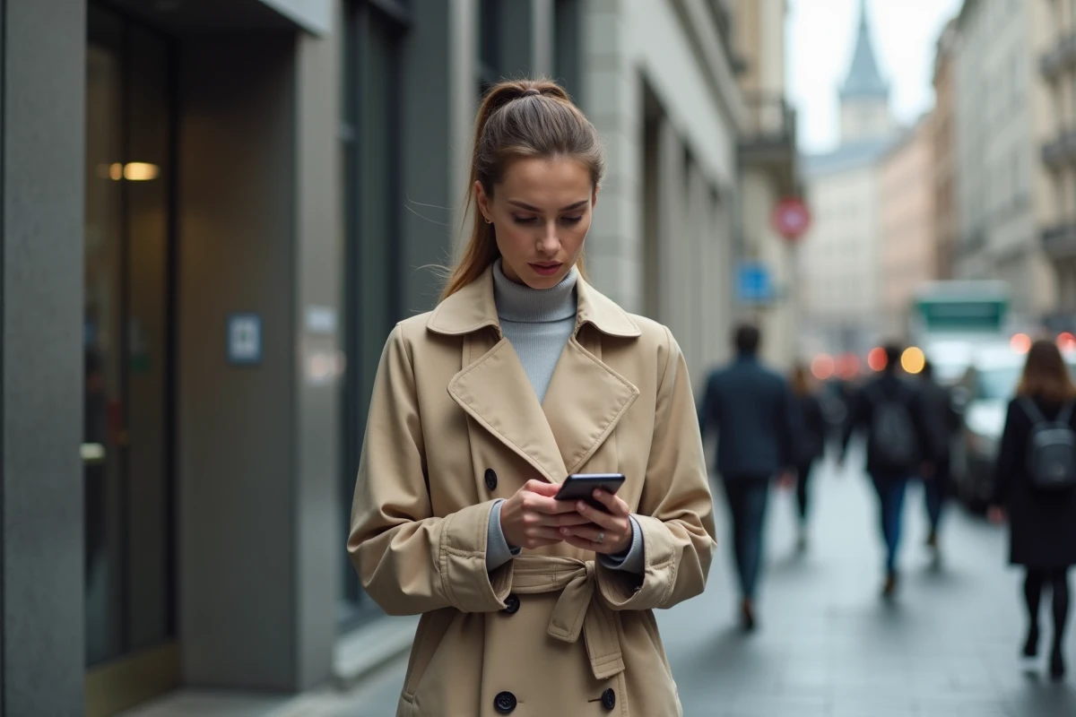 Jeune femme regardant son smartphone devant un bâtiment