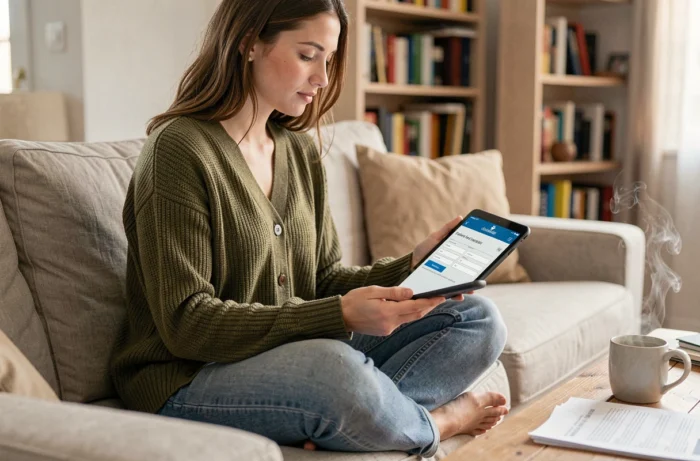 Jeune femme remplissant un formulaire administratif sur tablette depuis son domicile pour résoudre une OTCI
