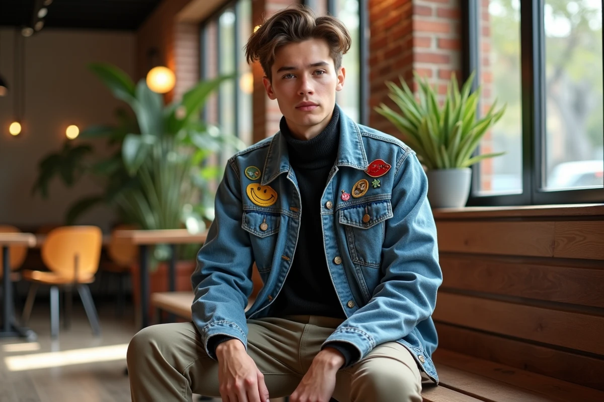 Jeune homme en denim et pins dans un café lumineux