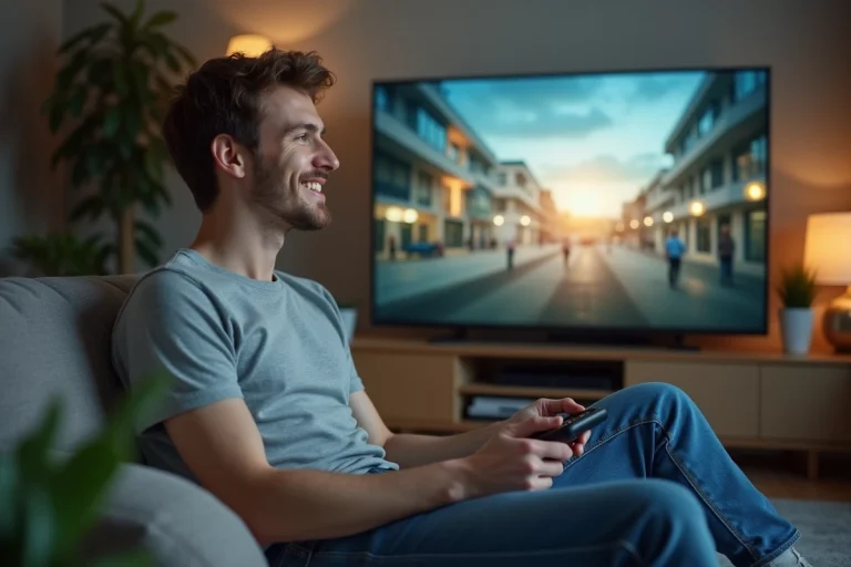 Jeune homme regardant la télévision dans un salon moderne