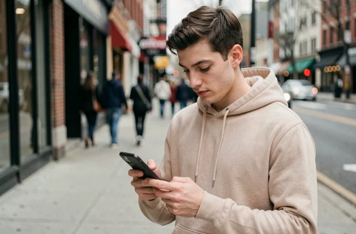 Jeune homme dans la rue consultant un annuaire inversé gratuit sur son téléphone portable pour identifier un numéro inconnu