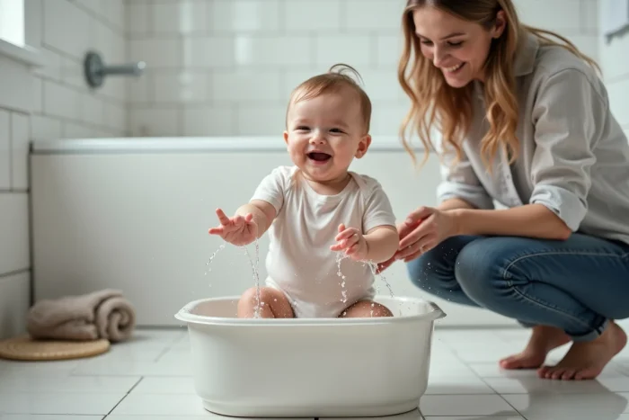 Bébé de 8 mois qui s'amuse à éclabousser l'eau dans une bassine peu remplie sous la surveillance d'un parent