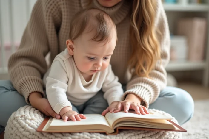Bébé de 8 mois explorant les textures d'un livre cartonné interactif avec sa maman