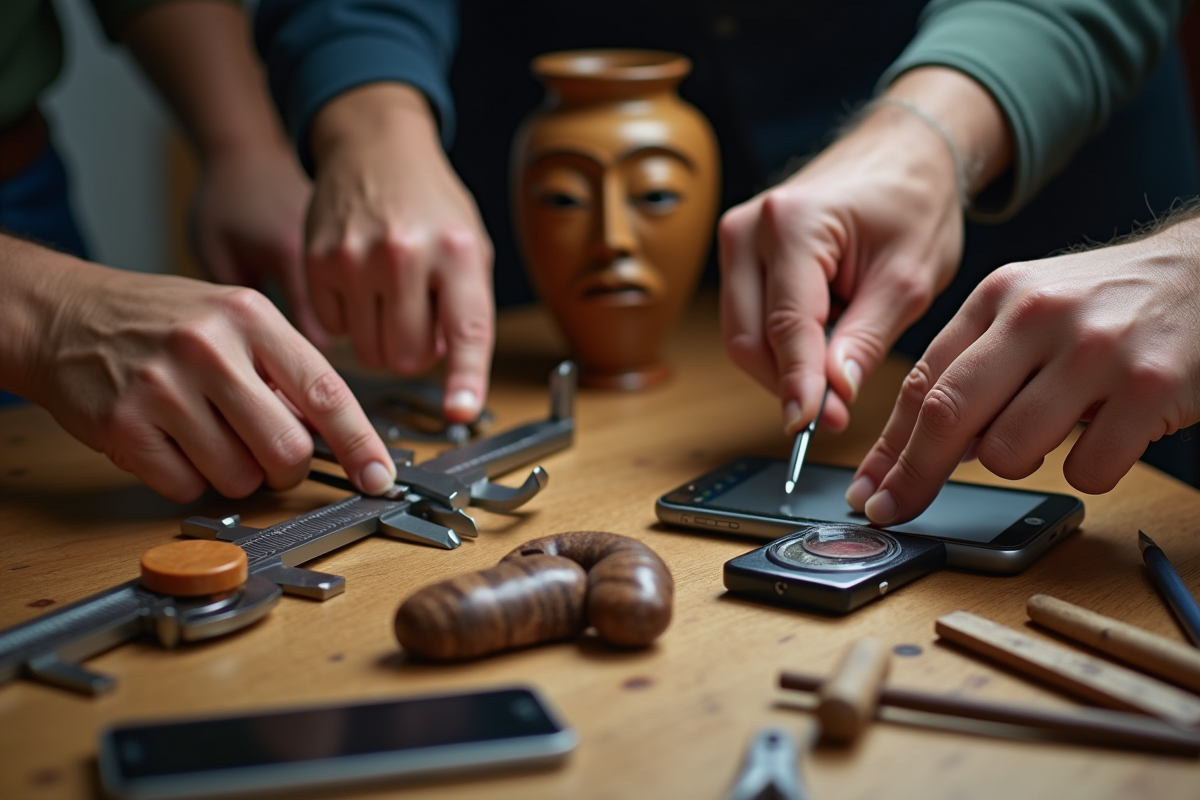 Mains utilisant outils de mesure traditionnels et modernes