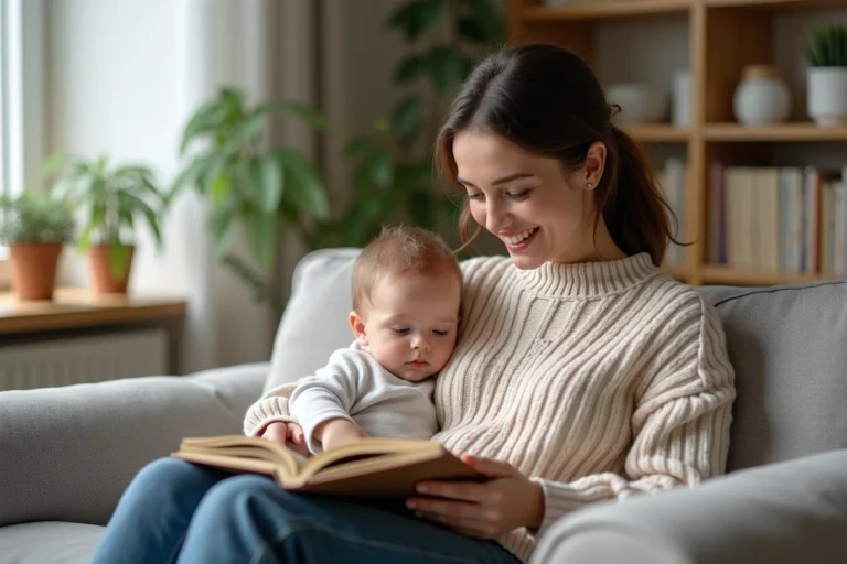 Maman et bébé lisant un livre dans un salon chaleureux