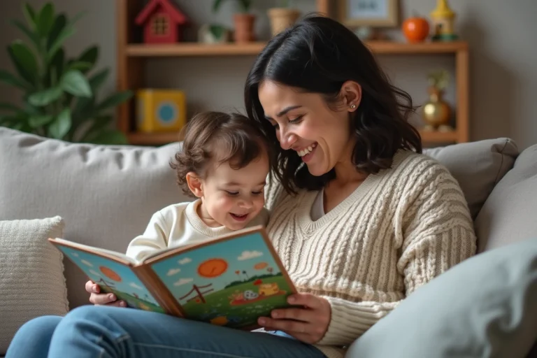 Jeune maman et enfant lisant un livre dans le salon