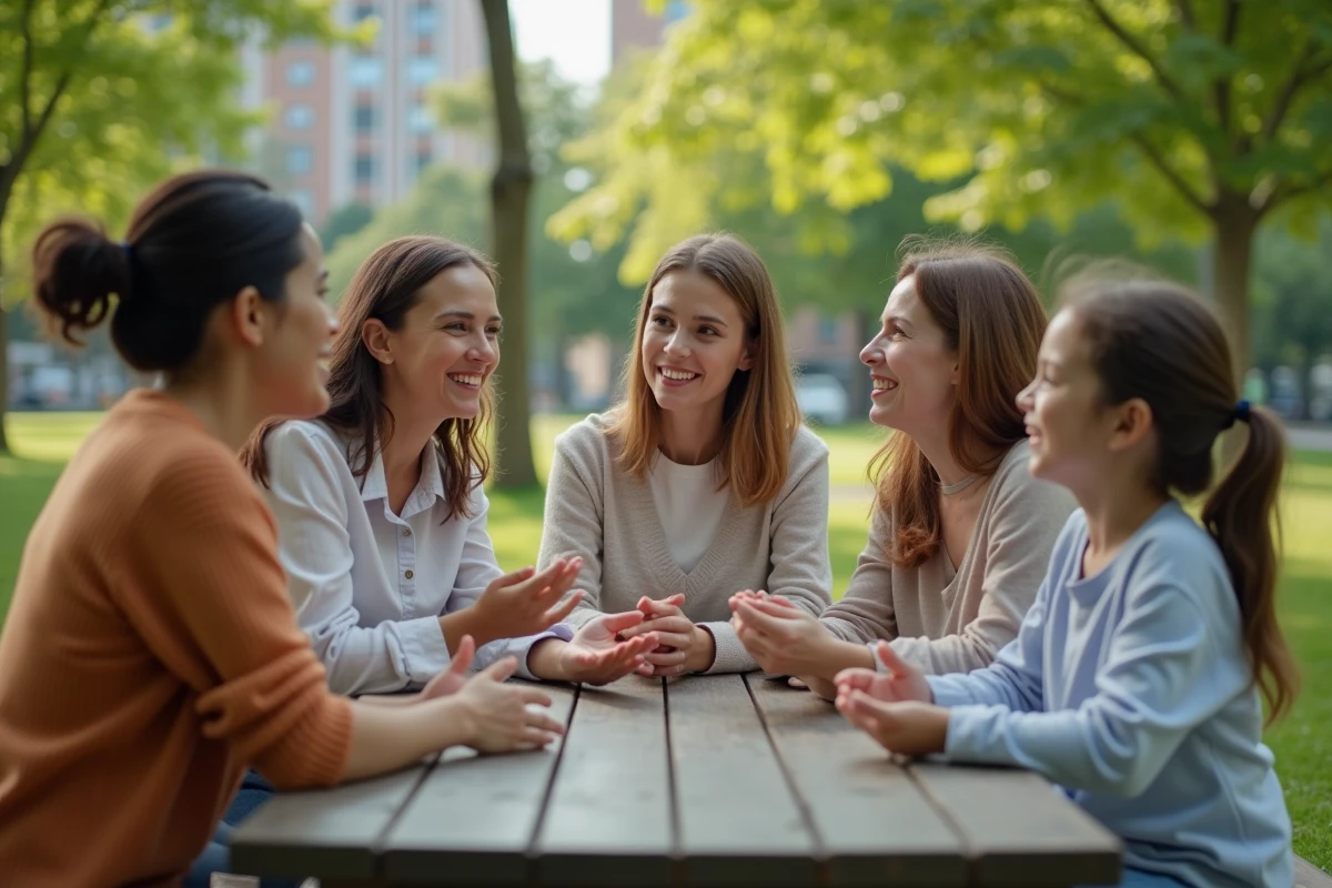 Groupes de mamans discutant dans un parc urbain