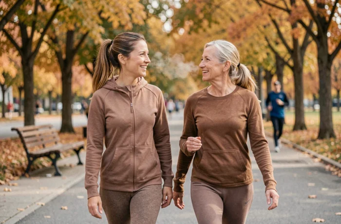 Deux femmes marchant ensemble dans un parc en automne, illustrant l'activité physique et le lien social comme piliers d'une vie saine