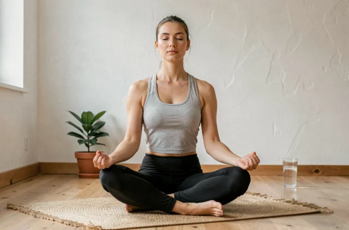 Femme pratiquant la méditation en position assise sur un tapis en jute dans un salon minimaliste, illustration du bien-être au quotidien