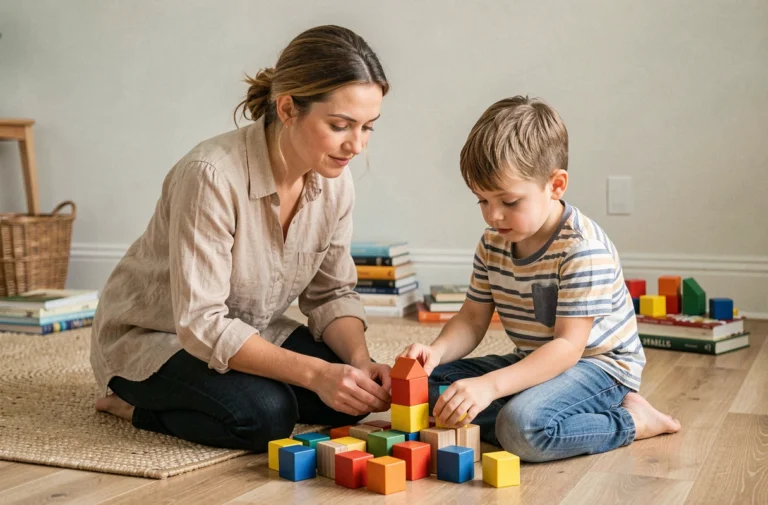 Mère accompagnant son enfant dans un jeu de construction en bois à la maison, scène chaleureuse et bienveillante