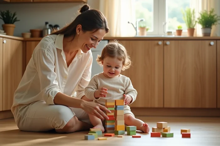 Mère et jeune enfant jouant avec des cubes en bois sur le sol d'une cuisine familiale chaleureuse