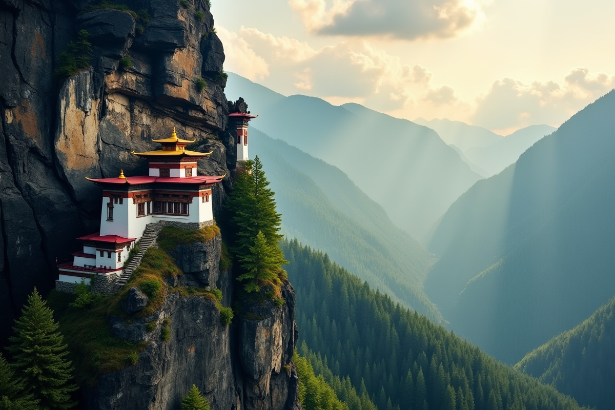 Monastère isolé en montagne au Bhoutan avec vue panoramique