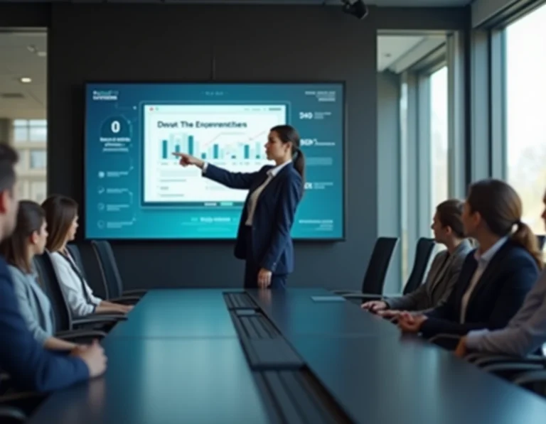 Femme cadre présentant des slides de motion design animés lors d'une réunion d'entreprise en salle de conférence moderne
