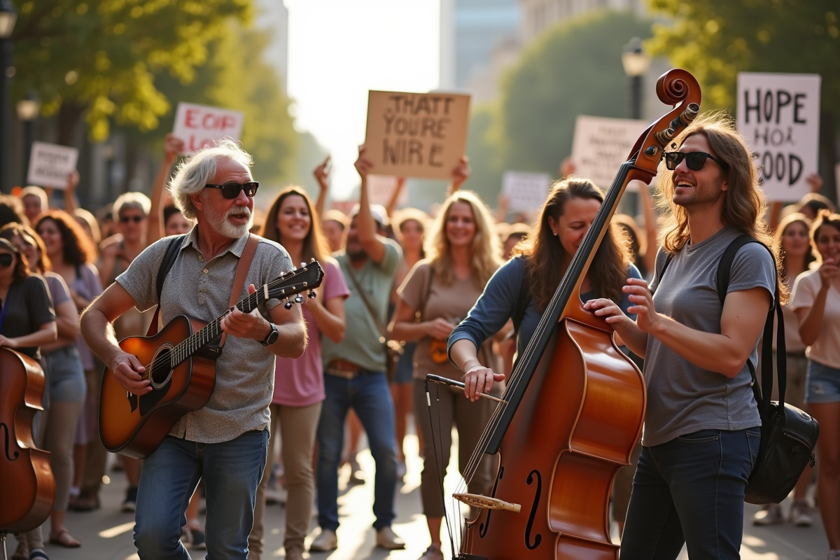 Groupe de musiciens divers en plaza urbaine ensoleillee