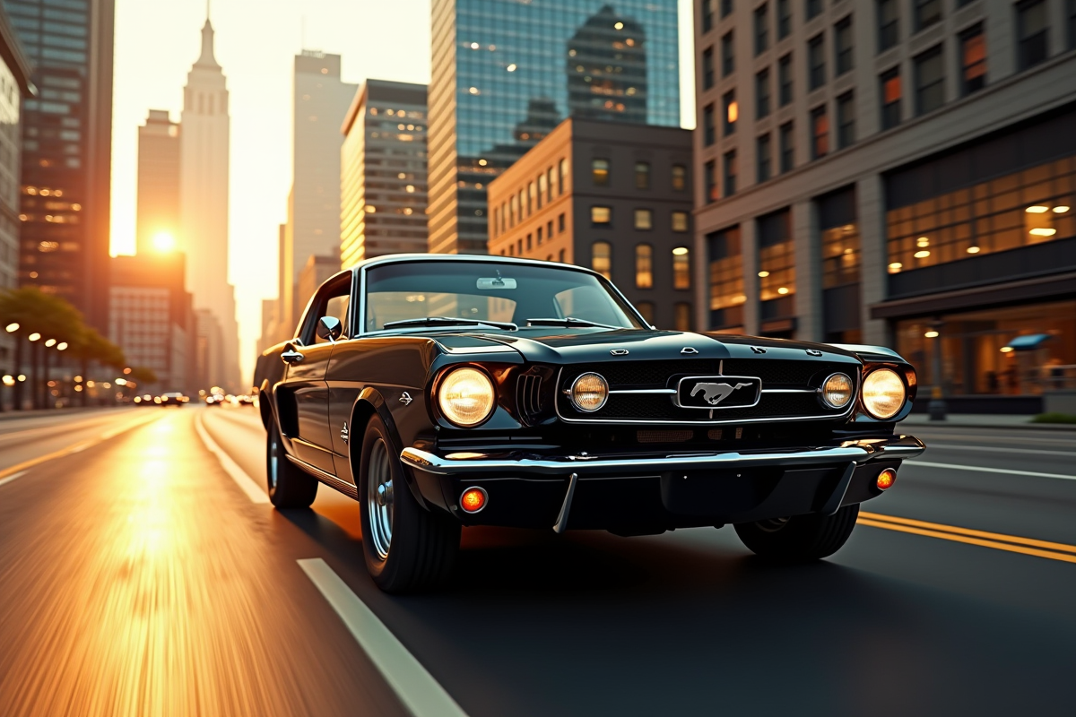 Ford Mustang noire en ville au coucher du soleil