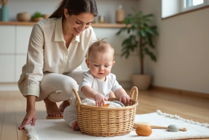 Bébé de 8 mois explorant librement un panier d'objets du quotidien comme une cuillère en bois et un tissu