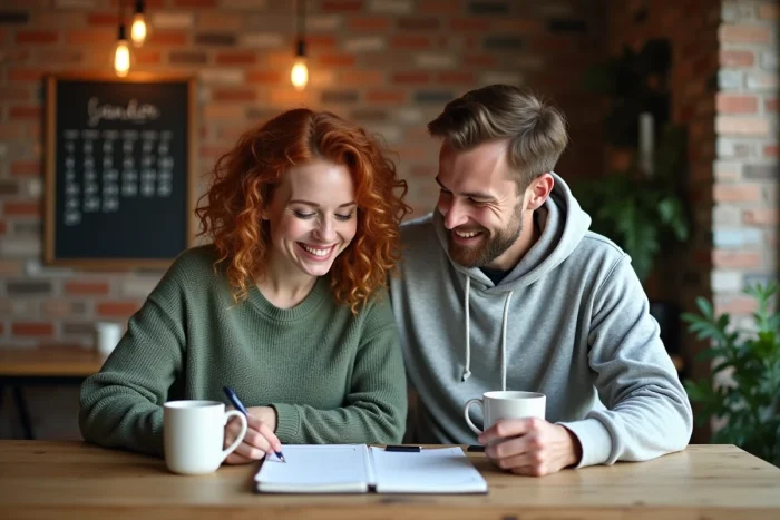 Parents organisant ensemble le planning familial autour d'une table avec un carnet et un calendrier mural