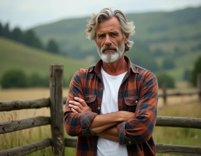 Portrait d'un homme aux cheveux gris et à la barbe soignée en chemise flanelle dans un décor champêtre, évoquant le parcours authentique de Paul Qualley