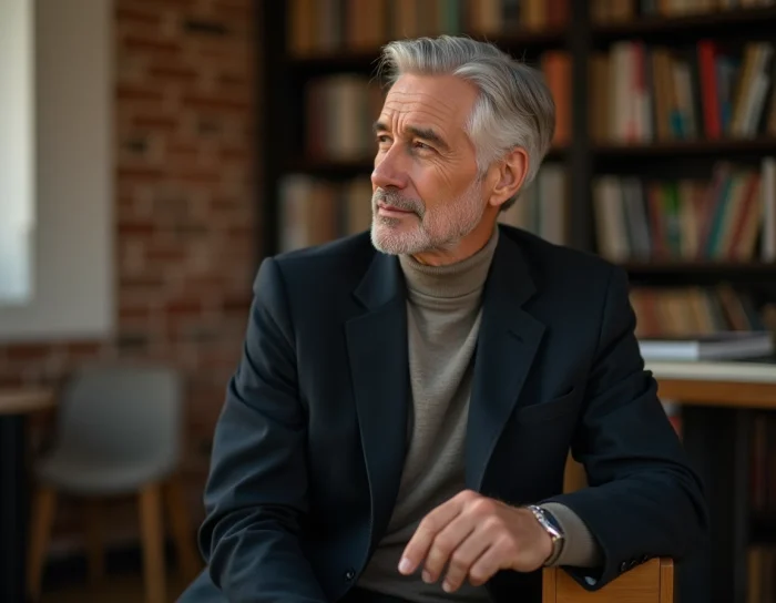 Portrait éditorial d'un homme mature en blazer sombre assis dans un studio aux murs de briques, illustrant la carrière et la personnalité de Paul Qualley
