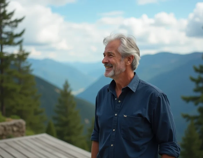 Homme aux cheveux argentés en chemise lin marine sur une terrasse en bois face à un panorama montagneux, image illustrant la vie privée et le cadre de vie de Paul Qualley