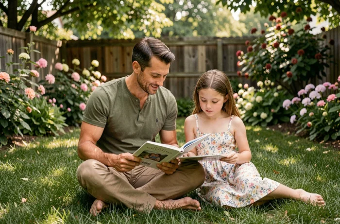 Père et fille lisant un livre ensemble dans le jardin, moment de complicité familiale favorisant l'épanouissement de l'enfant