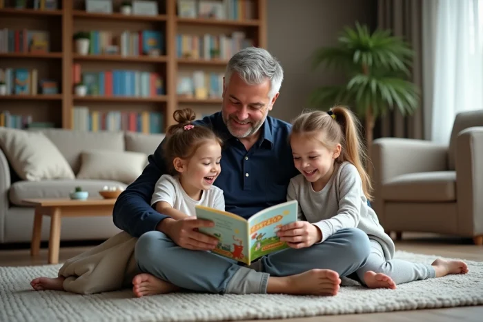 Père lisant un livre illustré à ses deux filles sur le tapis du salon lors d'un moment de parentalité sereine