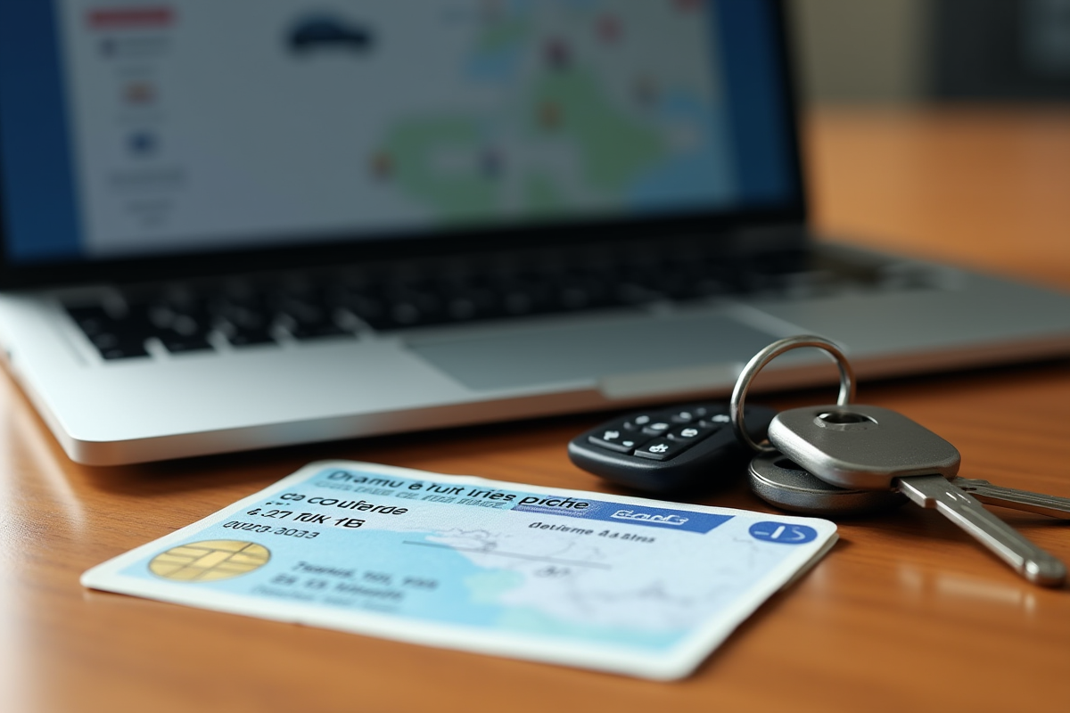 Permis de conduire français avec clés de voiture sur un bureau en journée