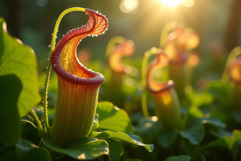 Gros plan sur une plante carnivore exotique avec rosée matinale