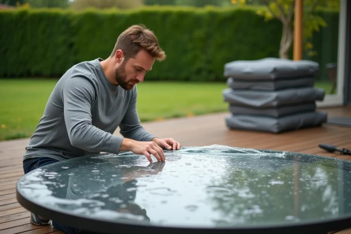 Homme posant une housse de protection en vinyle transparent sur une table ronde en verre de jardin sur une terrasse en bois