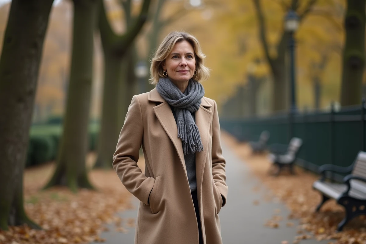 Femme marchant dans un parc parisien en automne avec un manteau beige