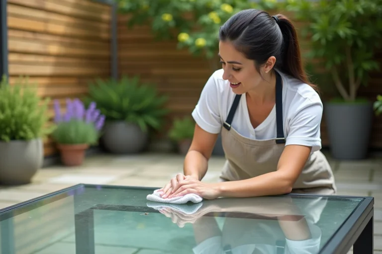 Femme appliquant une protection transparente sur une table en verre de jardin avec un chiffon doux sur une terrasse en pierre