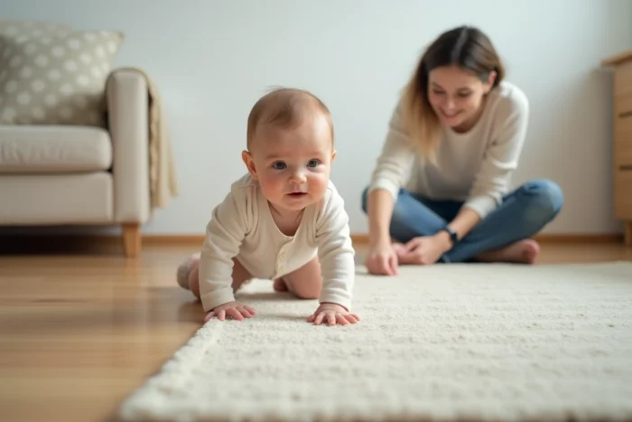 Bébé de 8 mois qui rampe sur différentes surfaces, passant d'un parquet lisse à un tapis en laine texturé