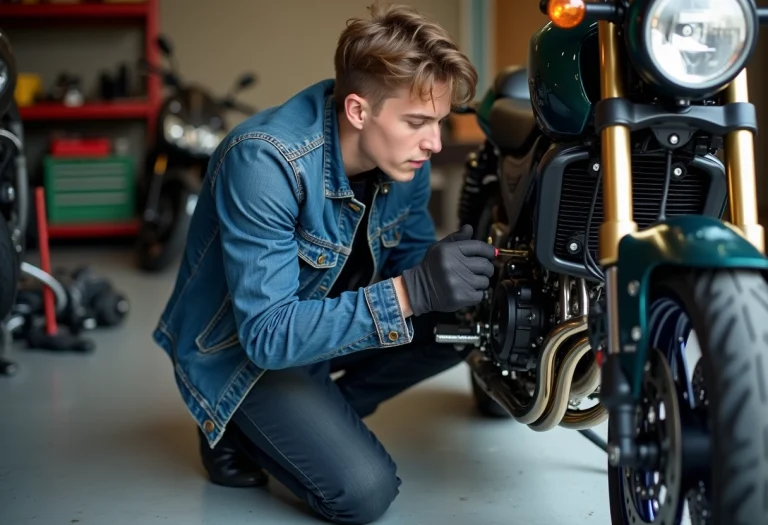 Jeune homme en denim ajustant une Yamaha MT 125 dans un garage