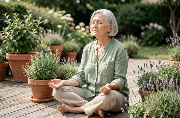 Senior femme aux cheveux argentés en méditation sur une terrasse en bois entourée de plantes aromatiques pour le bien-être naturel