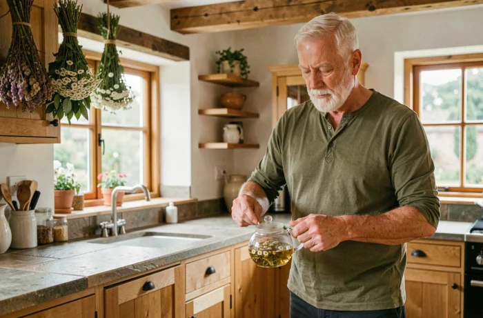 Senior homme préparant une infusion aux plantes médicinales dans une cuisine rustique en bois pour favoriser le bien-être naturel