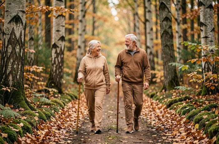 Deux seniors en tenue de marche se promenant dans une forêt automnale pour illustrer les bienfaits de l'activité physique naturelle chez les personnes âgées