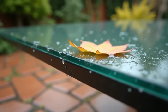 Gros plan sur la surface d'une table en verre de jardin avec des gouttes d'eau après traitement protecteur et des feuilles d'automne