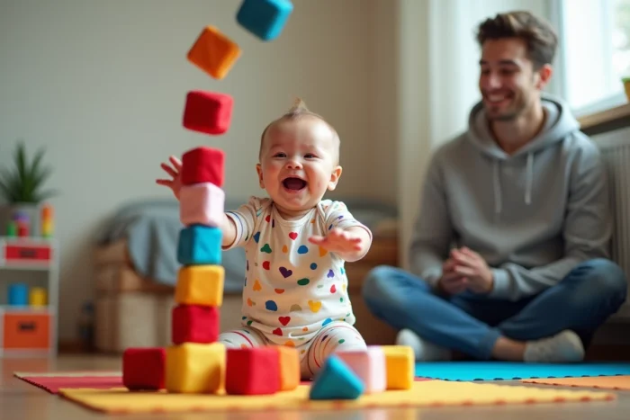 Bébé de 8 mois qui renverse joyeusement une tour de cubes en tissu colorés sur un tapis de jeu