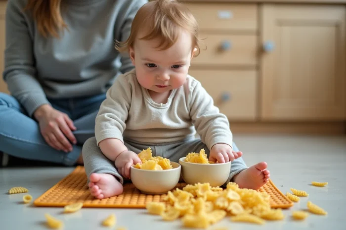 Bébé de 8 mois faisant du transvasement avec de grosses pâtes sèches entre deux bols colorés