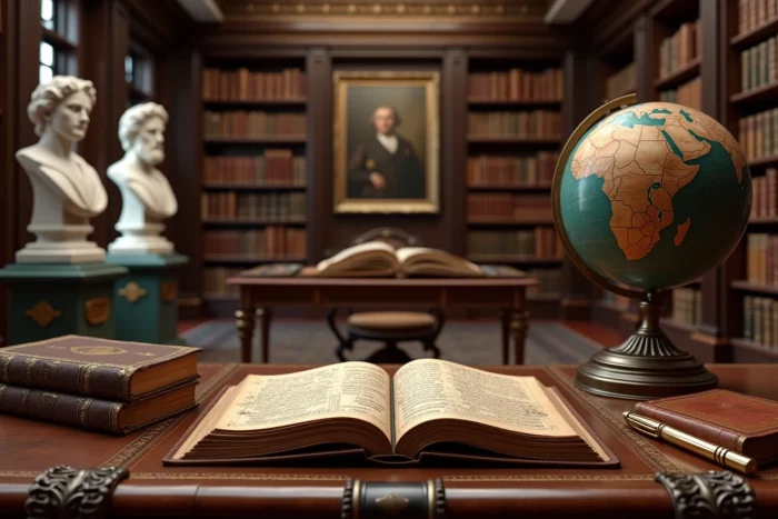 Bibliothèque privée luxueuse avec globe antique et journaux mystérieux évoquant l'origine grecque d'un milliardaire
