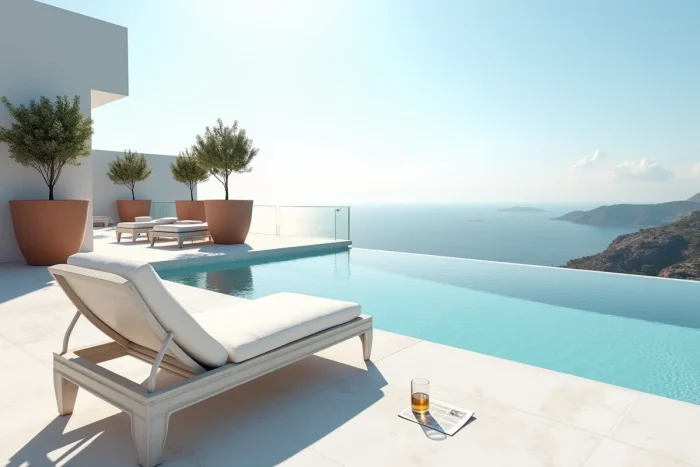 Terrasse de penthouse luxueux en bord de mer méditerranéen avec piscine à débordement évoquant la fortune d'un milliardaire
