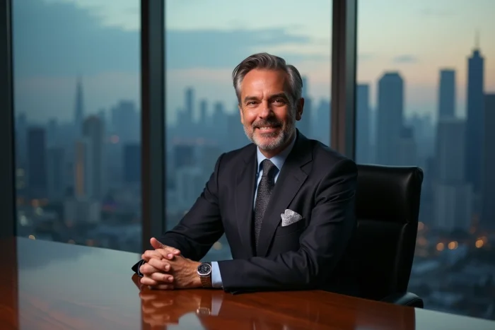 Portrait d'un homme d'affaires milliardaire mystérieux en costume sombre dans un bureau luxueux avec vue sur la ville