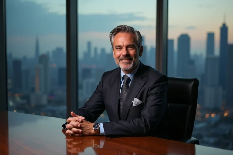 Portrait d'un homme d'affaires milliardaire mystérieux en costume sombre dans un bureau luxueux avec vue sur la ville